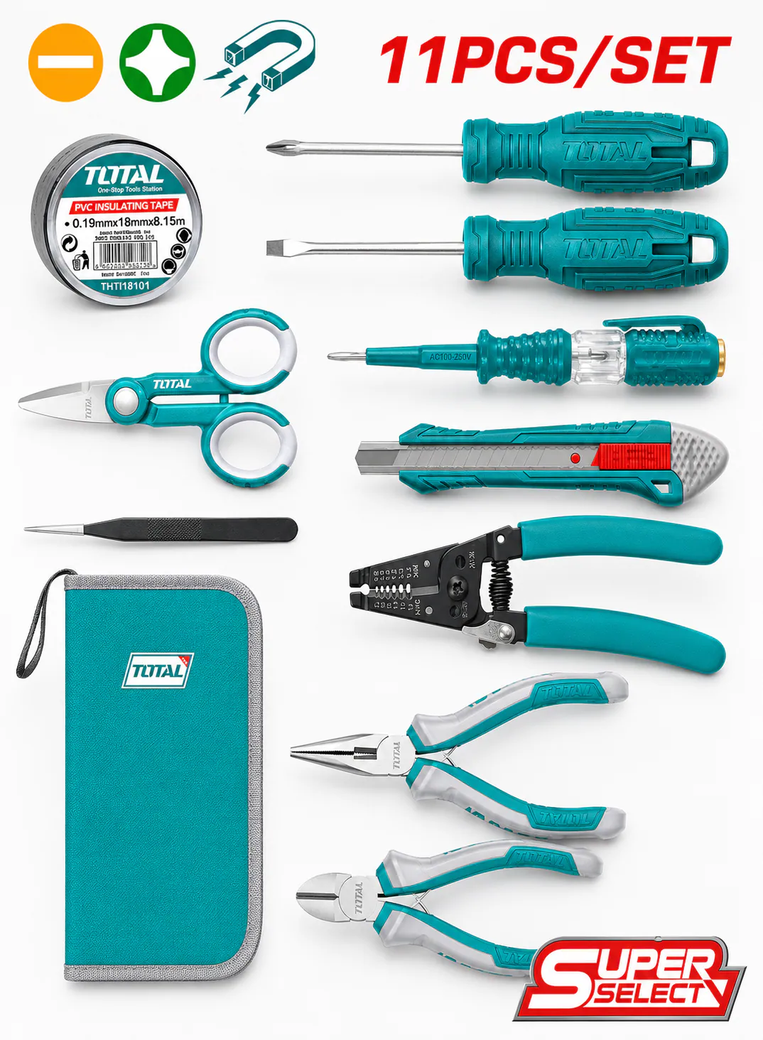 TOTAL 11-Piece Electrician Tools Set with Pliers, Screwdrivers, Wire Stripper & Canvas Tool Bag