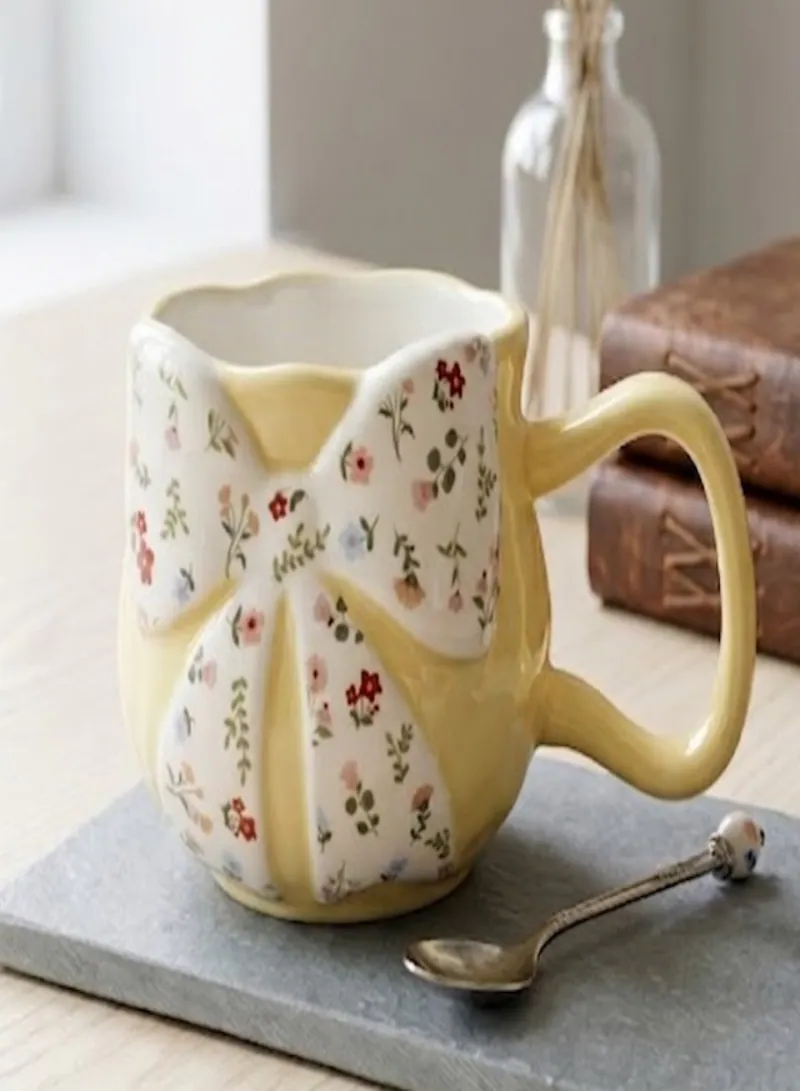 Elegant Floral Bow Ceramic Mug with Handle – Cute Coffee & Tea Cup for Home & Office