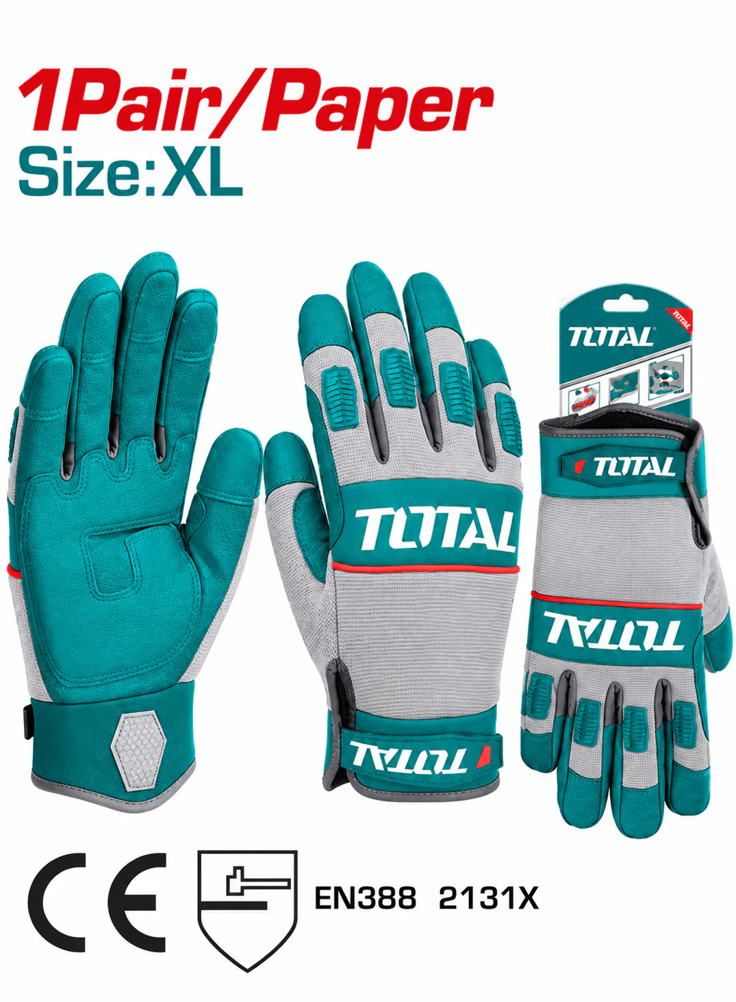 TOTAL XL Heavy-Duty Industrial Mechanic Gloves – EN 388:2016 2131X – CE Marked – Reinforced Palm & Fingers – Adjustable Wrist Strap – Ergonomic Protective Work Gloves – Professional Mechanical Hand Protection