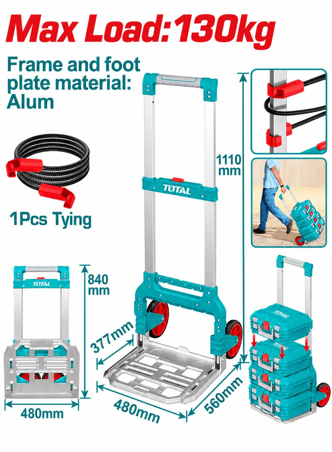 TOTAL 130KG Foldable Aluminum Hand Truck – Heavy-Duty Folding Tool Box Trolley – Telescopic Handle – Compact Portable Transport Cart