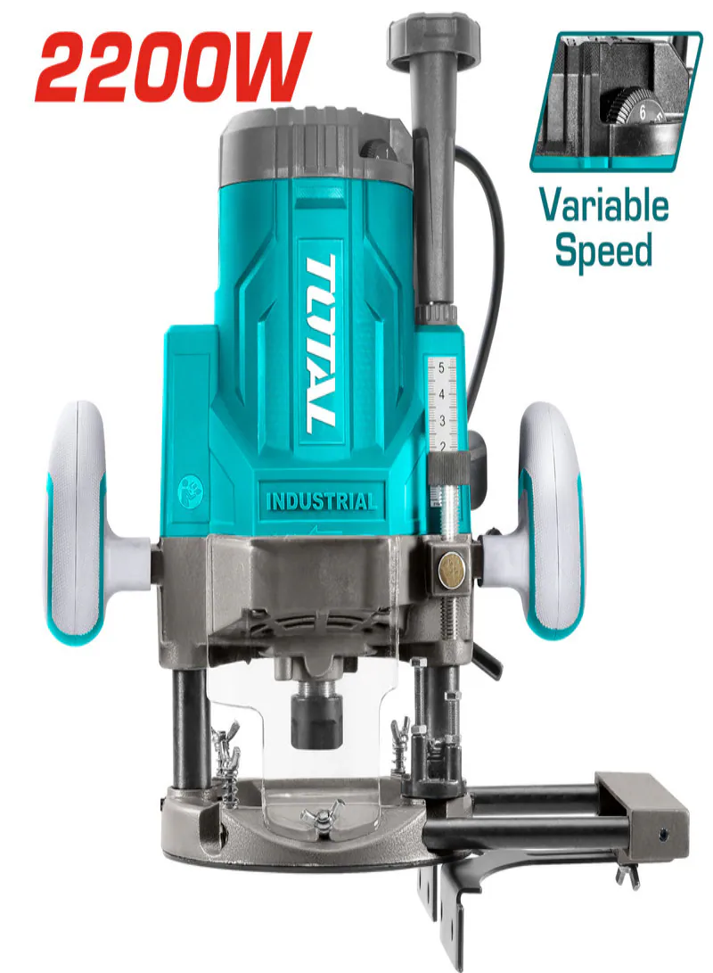 TOTAL 2200W Industrial Variable-Speed Plunge Router – 60mm Plunge Capacity