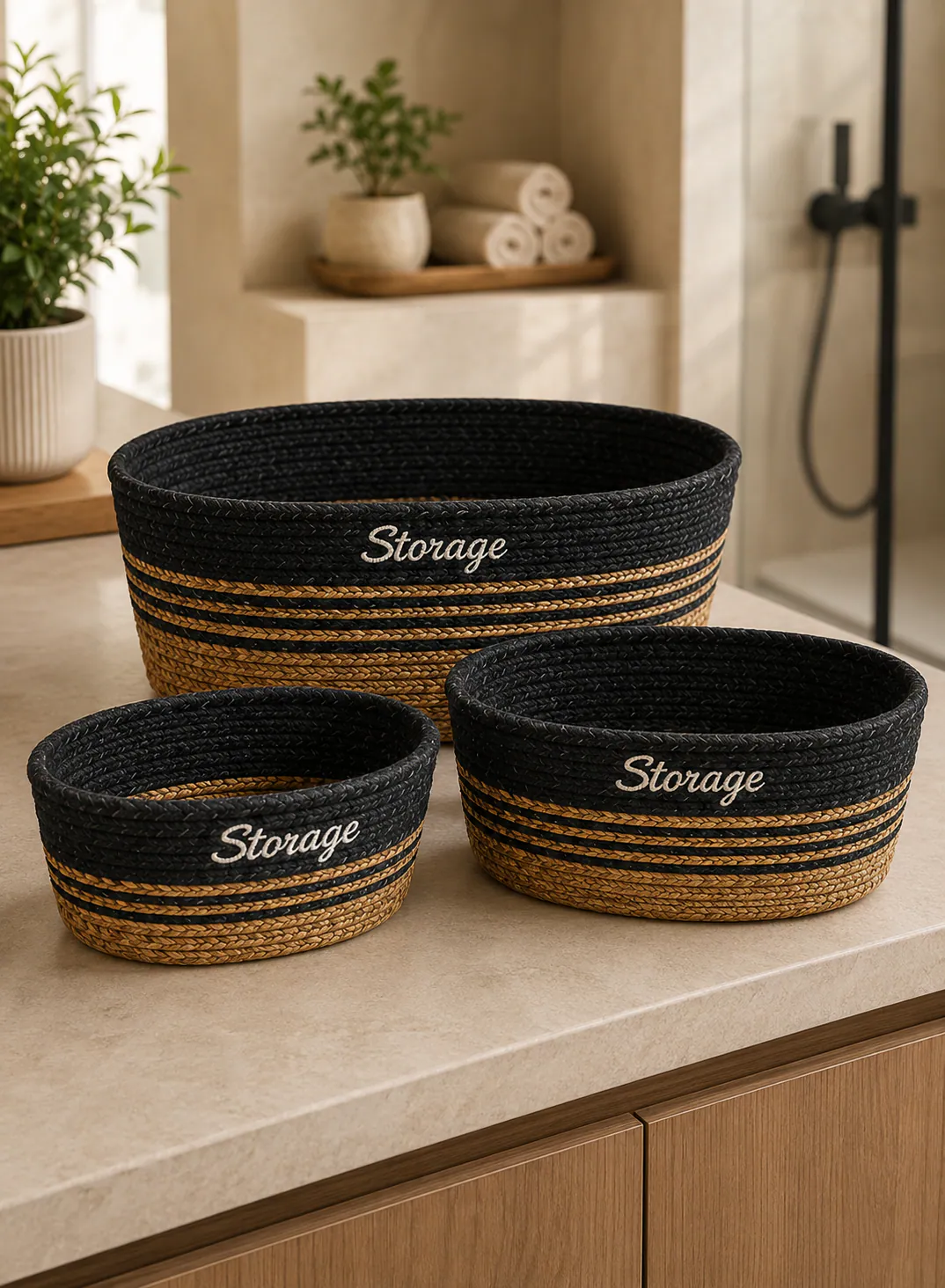 3-Piece Seagrass Basket Set – Black & Natural Beige Woven Storage Baskets