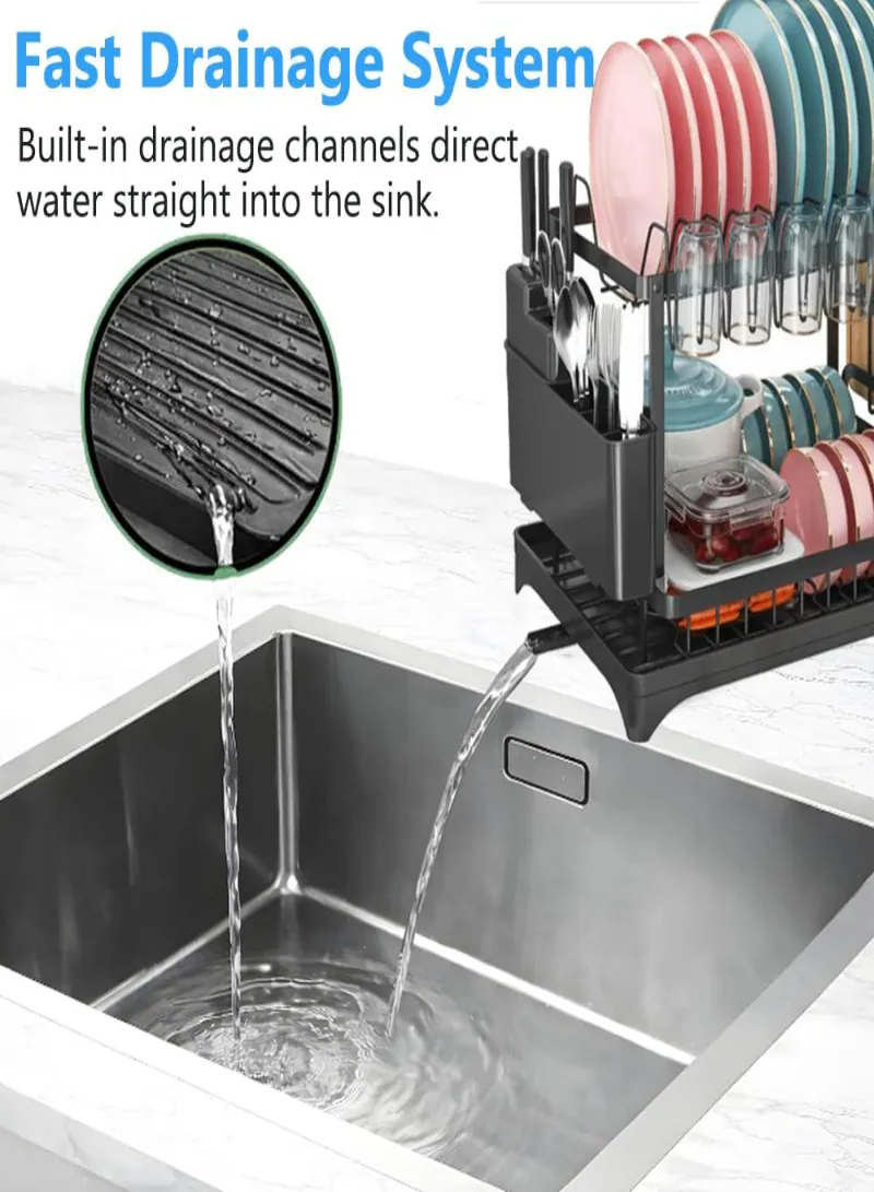 2-Tier Dish Drying Rack with Drainboard – Large Capacity Kitchen Dish Drainer Organizer with Utensil Holder & Cup Rack (Black) 7