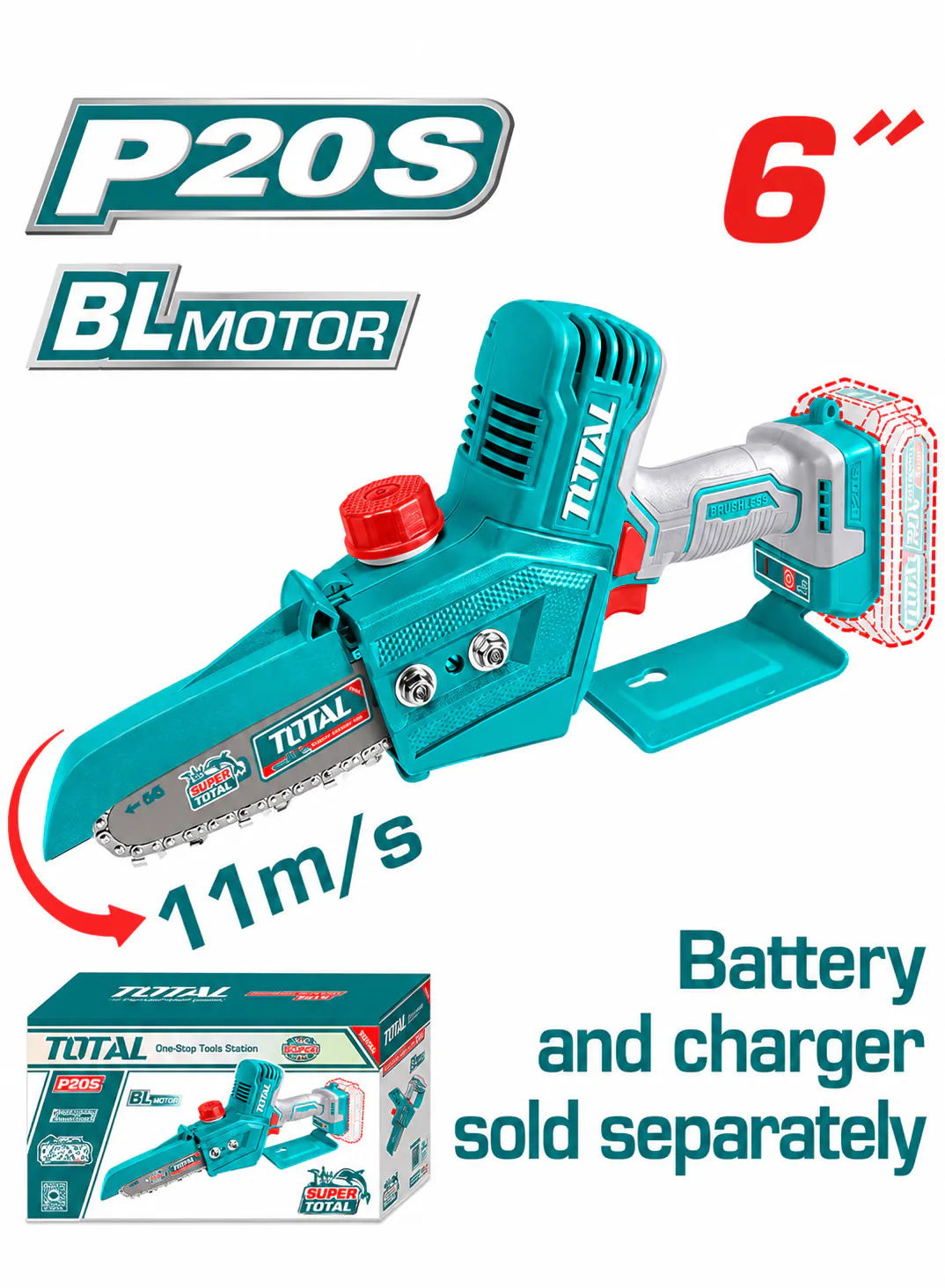 TOTAL 20V Cordless Mini Chainsaw – 6" Brushless (Tool Only)