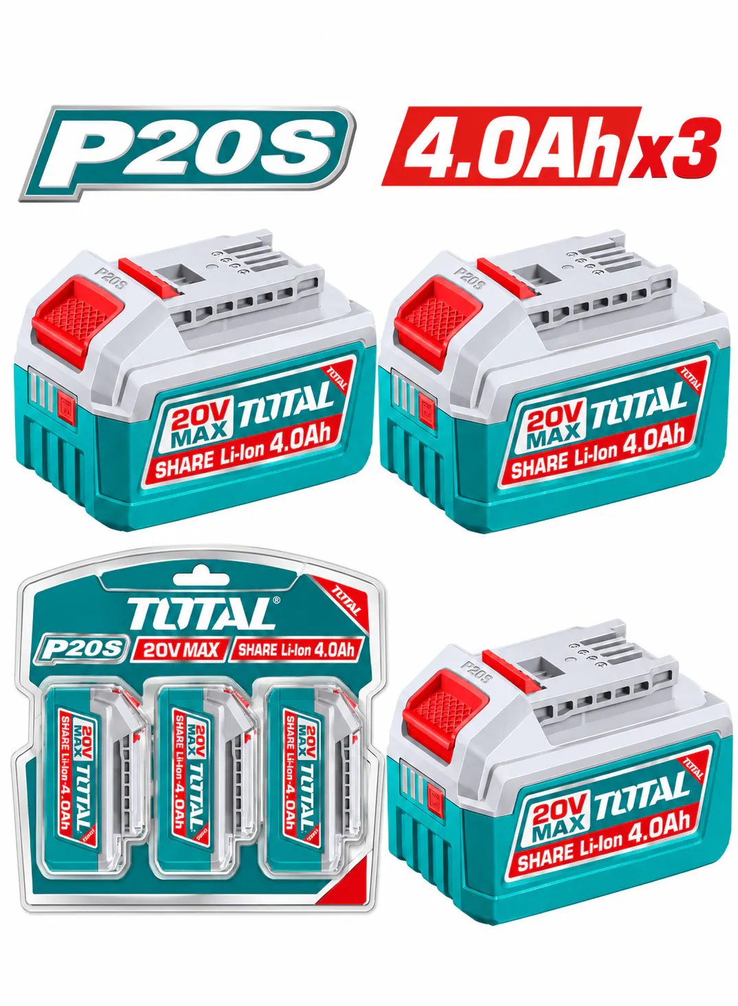 TOTAL 20V MAX Lithium-Ion Battery Set – 3 × 4.0Ah