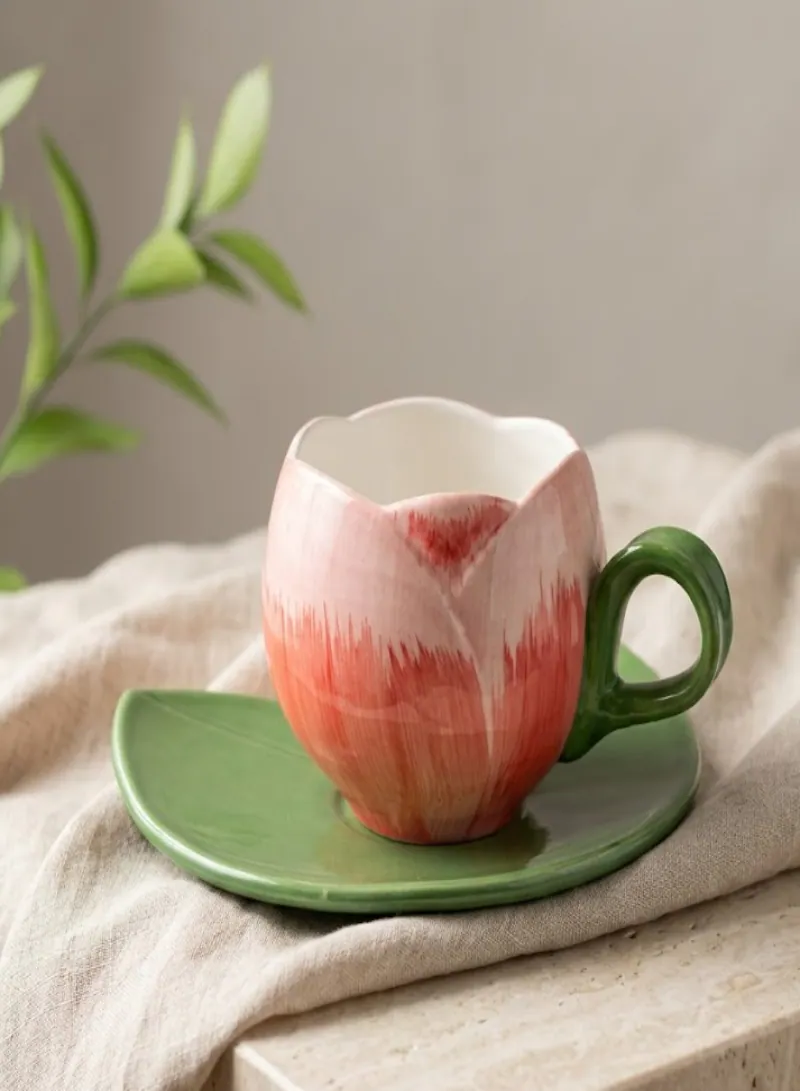 Tulip Ceramic Mug With Saucer – Elegant Coffee Cup Set 200ml 2