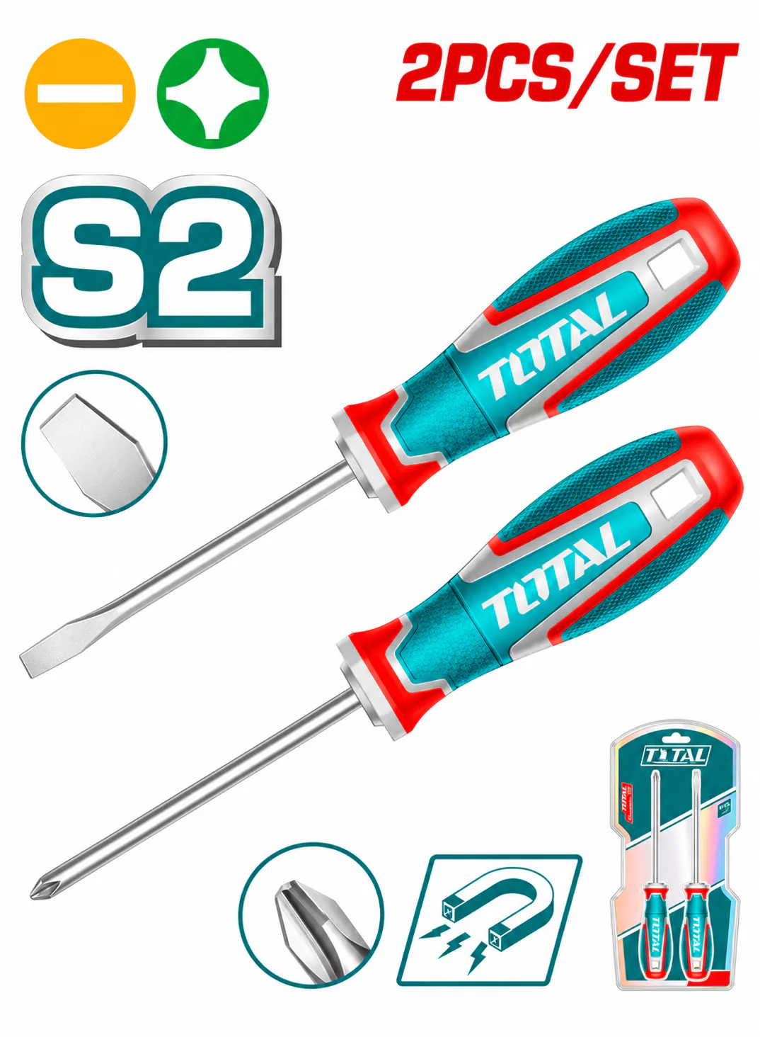 TOTAL 2PCS Screwdriver Set – S2 Steel – Slotted & Phillips – Magnetic Tips – Ergonomic Non-Slip Handles