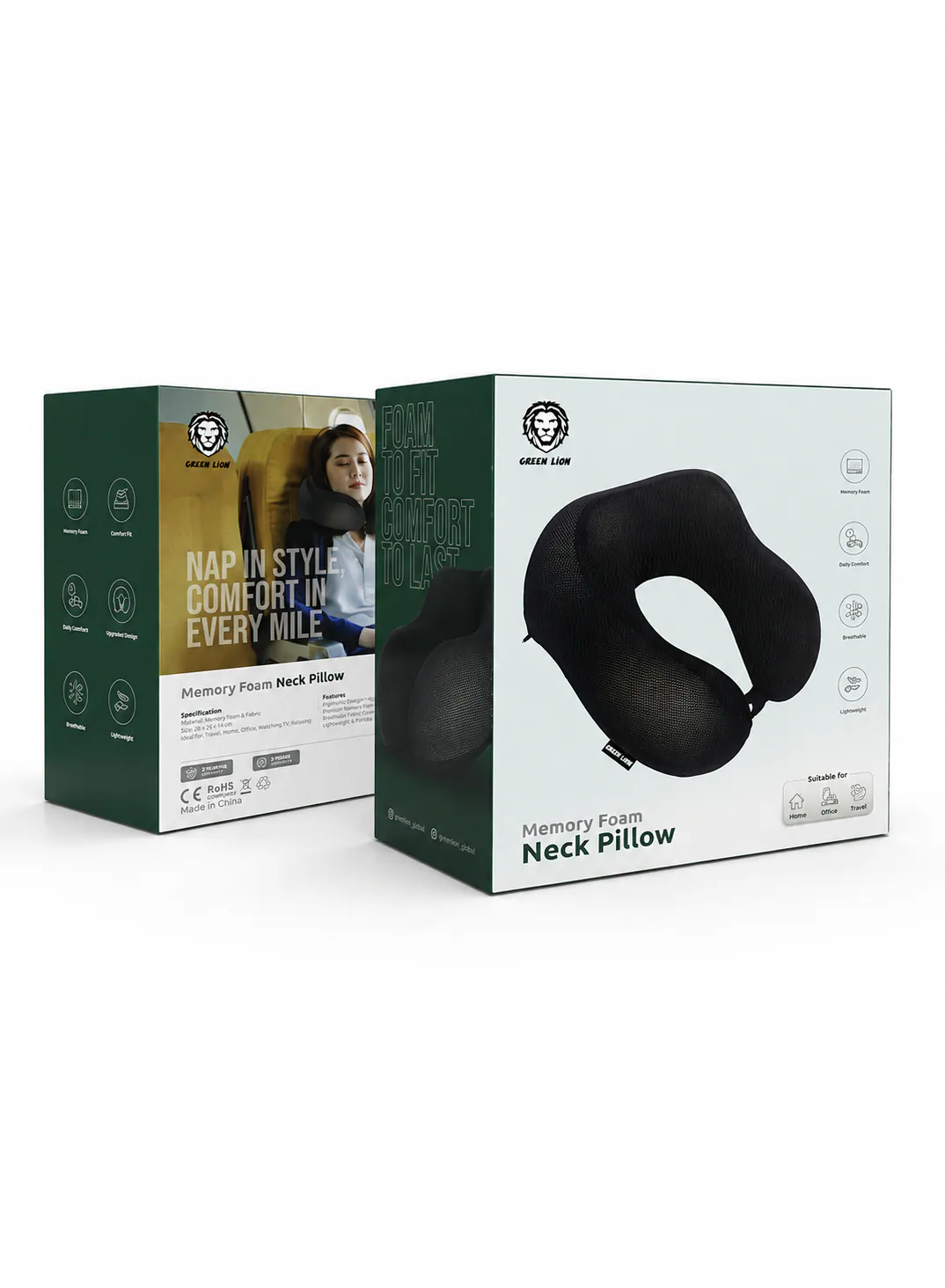 وسادة رقبة Green Lion من فوم الذاكرة بتصميم مريح وقابل للتنفس – أسود 3