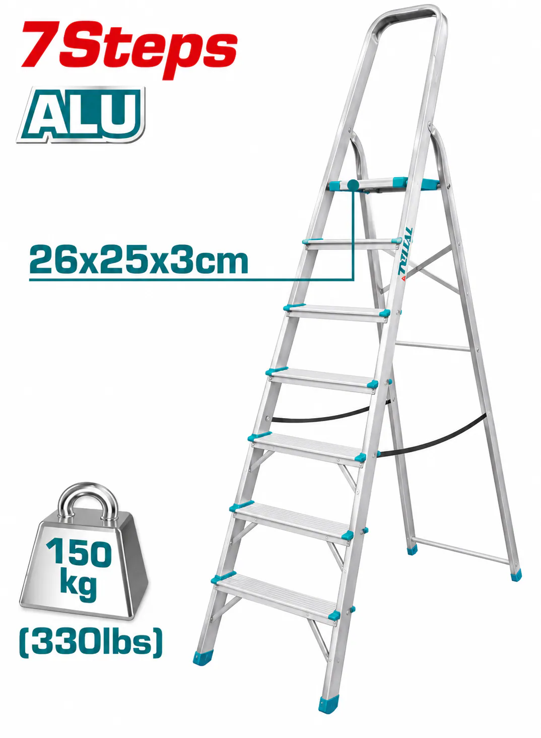 TOTAL 7-Step Aluminum Household Ladder – 150kg (330lbs) Load Capacity – 26×25×3cm Top Platform – Foldable A-Frame Step Ladder with Safety Handrail – Heavy-Duty Home Ladder