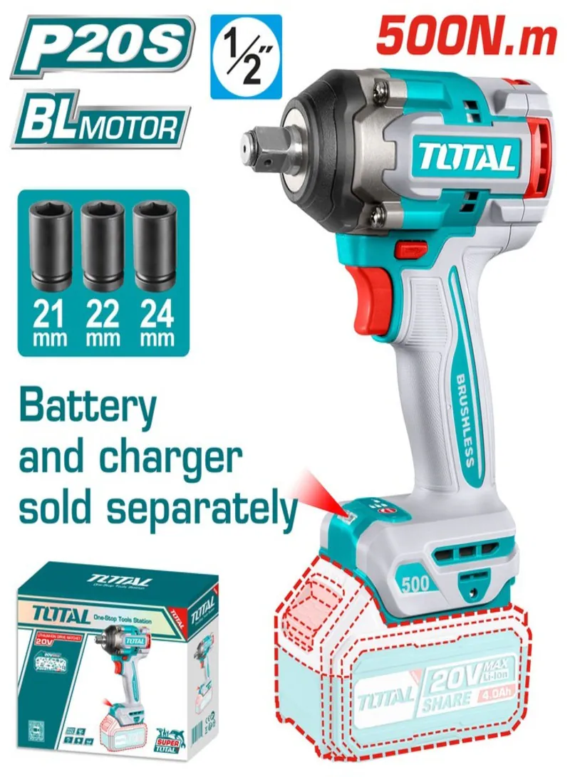 Total 20V Brushless Cordless Impact Wrench 1/2" 500Nm (Tool Only)