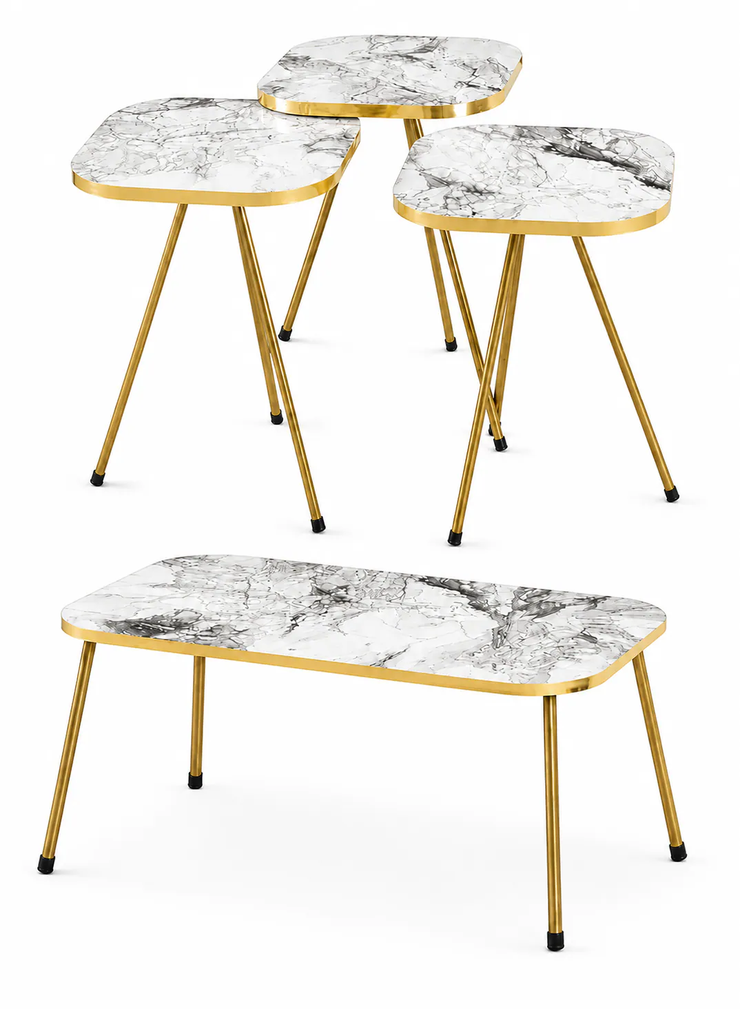 White Marble Center Table with 3 Nesting Tables – 4-Piece Modern Table Set with Gold Metal Legs