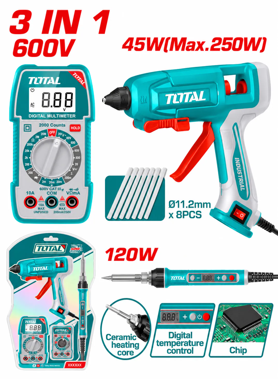 TOTAL 3-in-1 Electric Tool Set – Glue Gun, Digital Multimeter & Soldering Iron