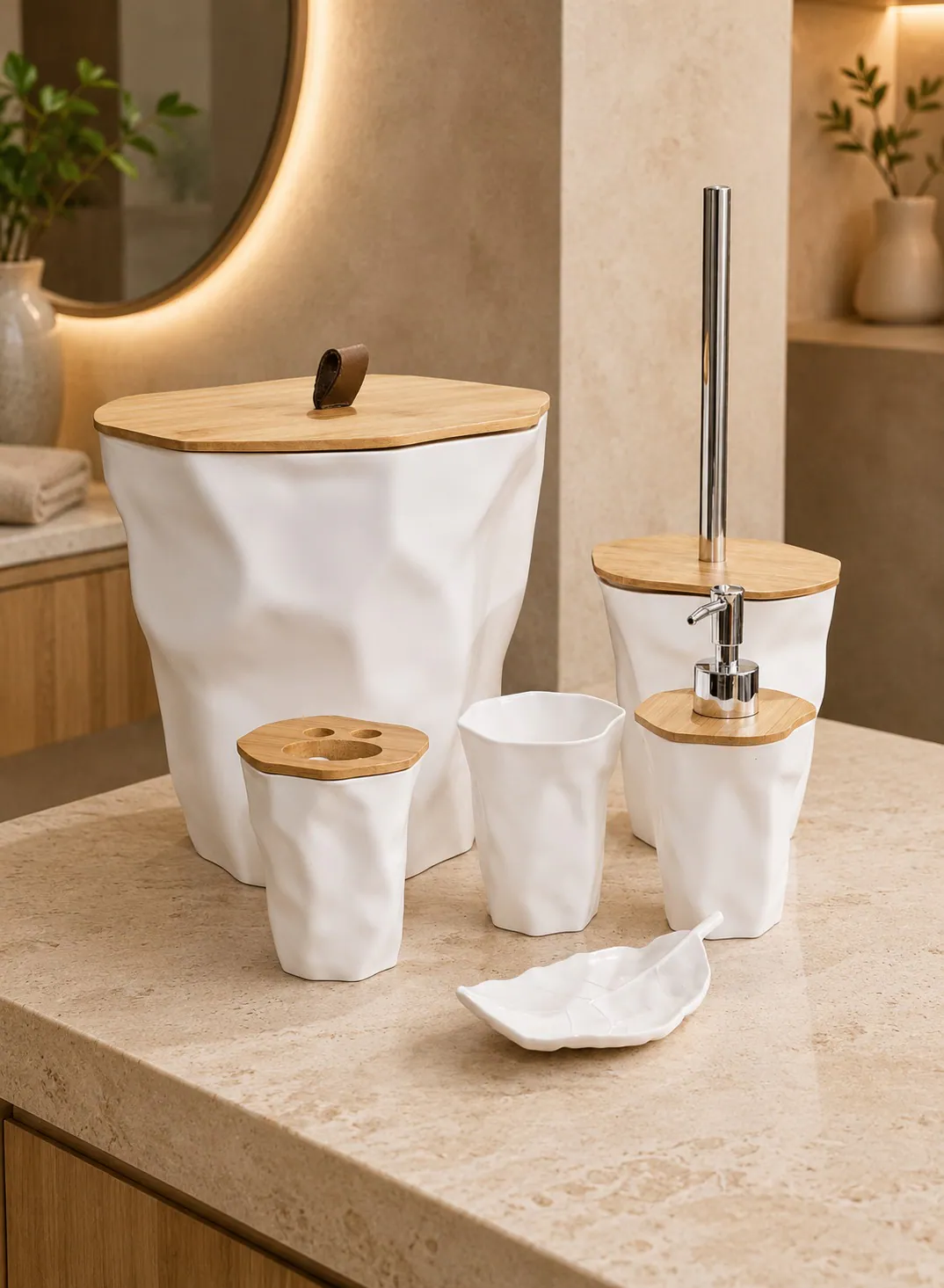 6-Piece Bathroom Accessories Set with Bamboo Details – White