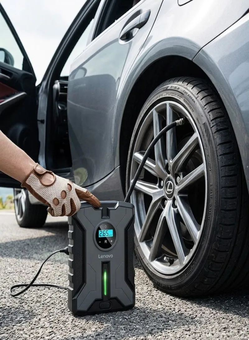 Lenovo Portable Car Tire Inflator 12V – Air Pump with Digital Gauge & LED Light 2