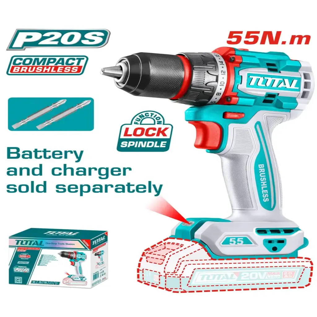 Total 20V Compact Brushless Cordless Drill 55Nm 2