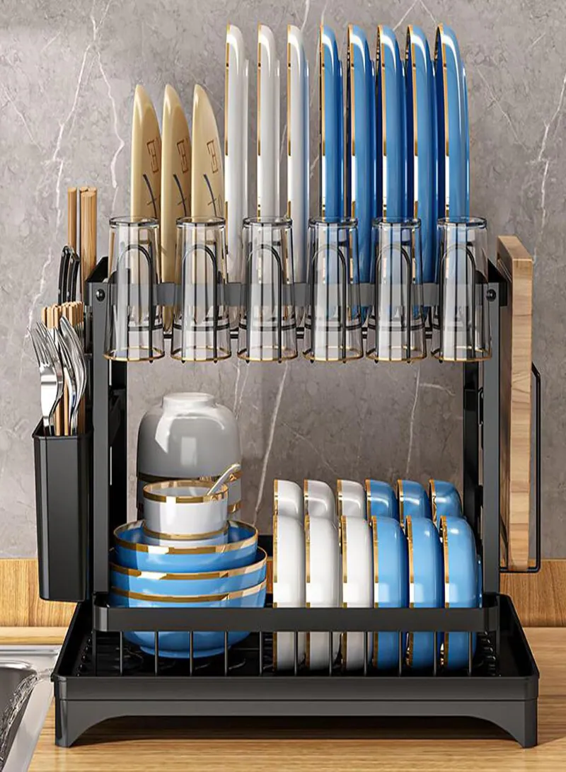 2-Tier Dish Drying Rack with Drainboard – Large Capacity Kitchen Dish Drainer Organizer with Utensil Holder & Cup Rack (Black) 6