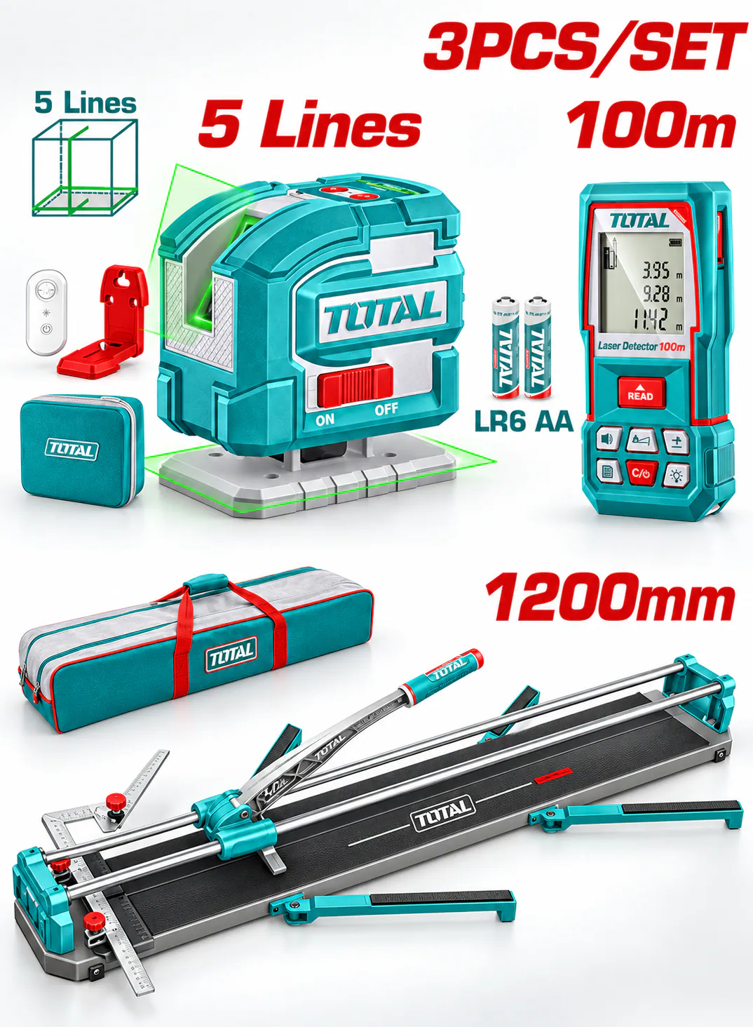  TOTAL 3-Piece Tile Cutter and Laser Measuring Tool Set