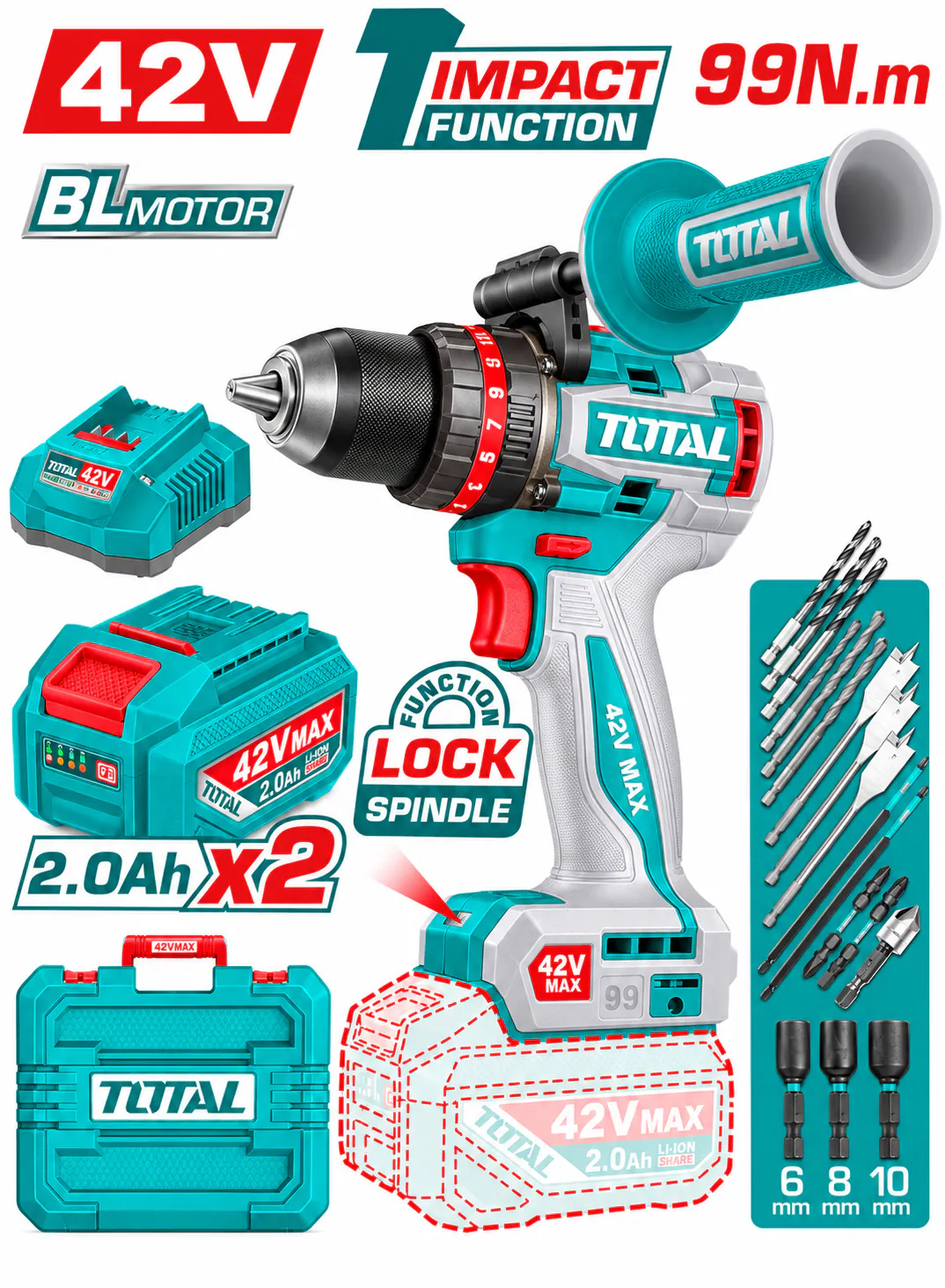 TOTAL 42V Industrial Brushless Cordless Impact Drill – 99Nm with 2 Batteries & Carrying Case
