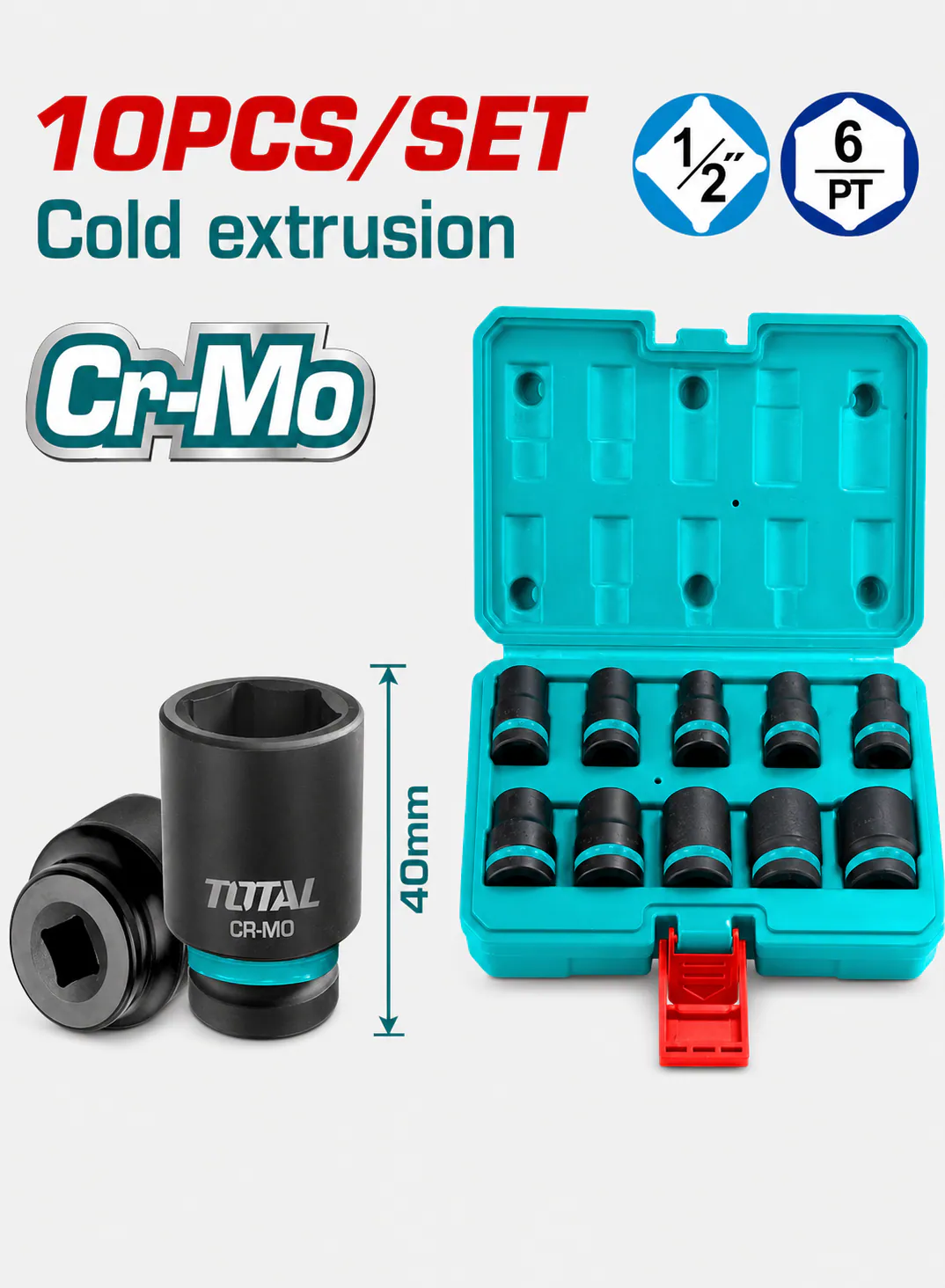 TOTAL 10-Piece 1/2" Industrial Impact Socket Set 10–24mm | CR-MO Steel