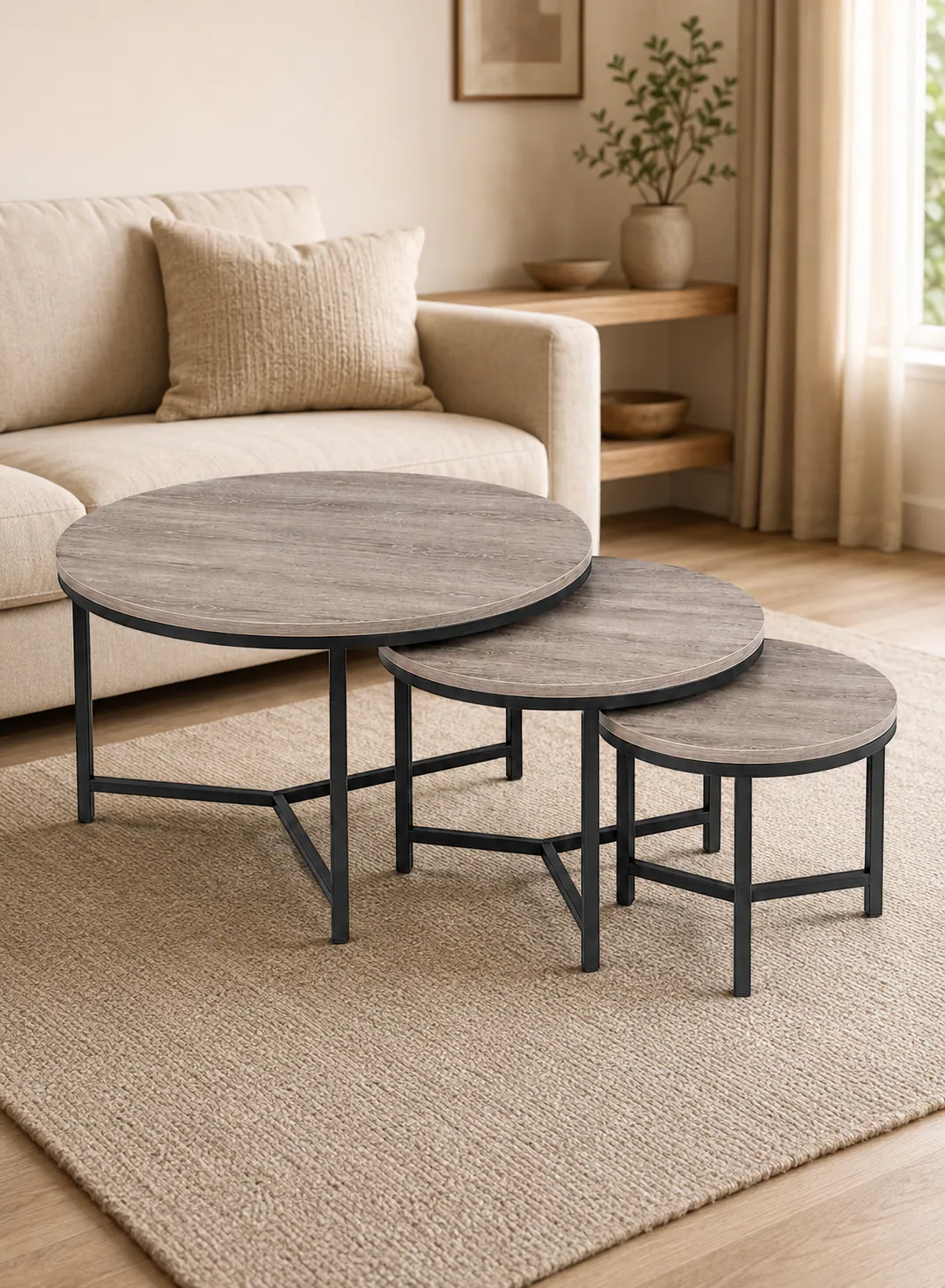 3-Piece Round Turkish Wood Nesting Table Set – Grey Wood & Black Metal 2