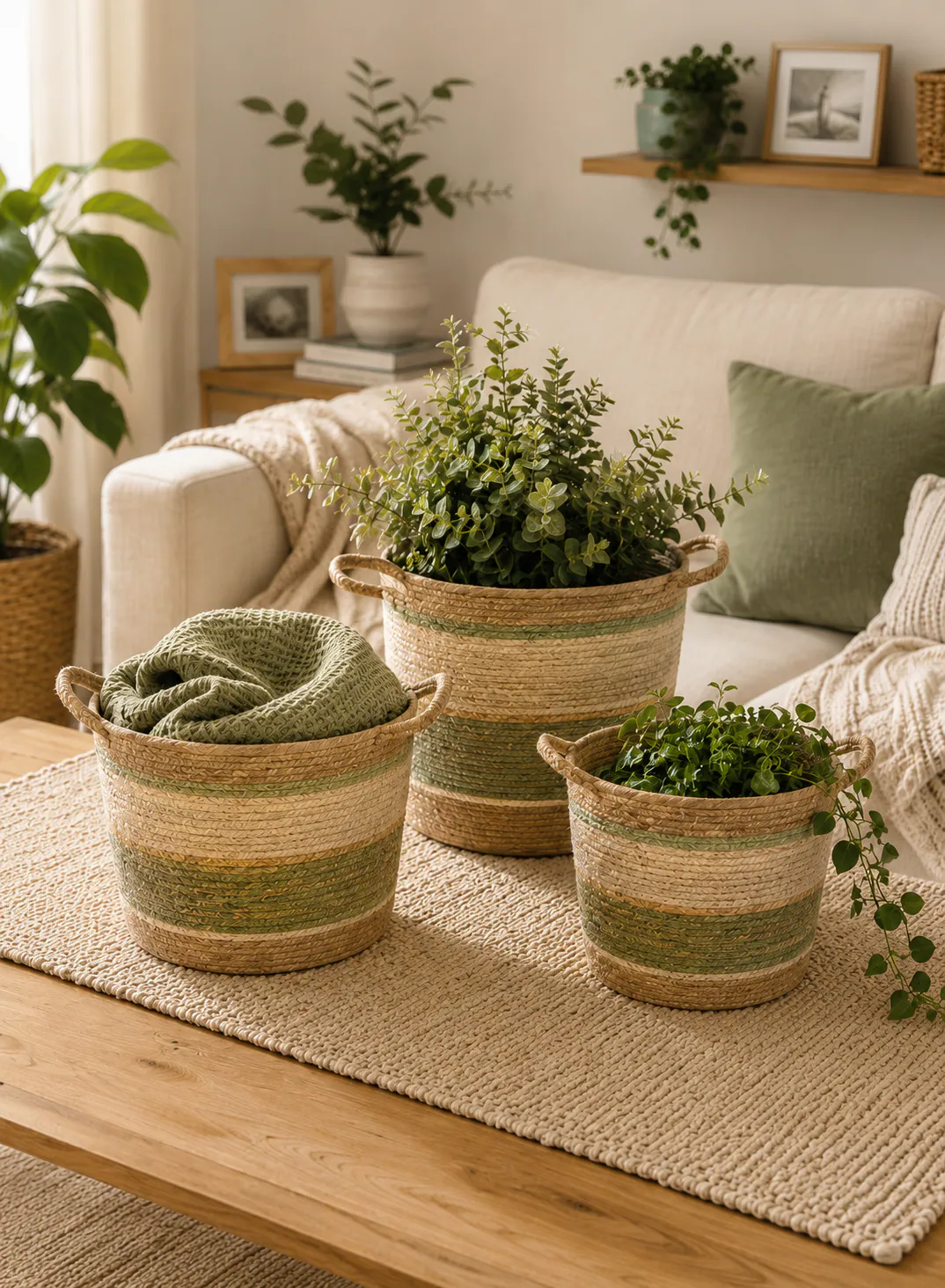Bamboo Basket Set 3 Pieces – Natural & Green Woven Storage Baskets with Handles