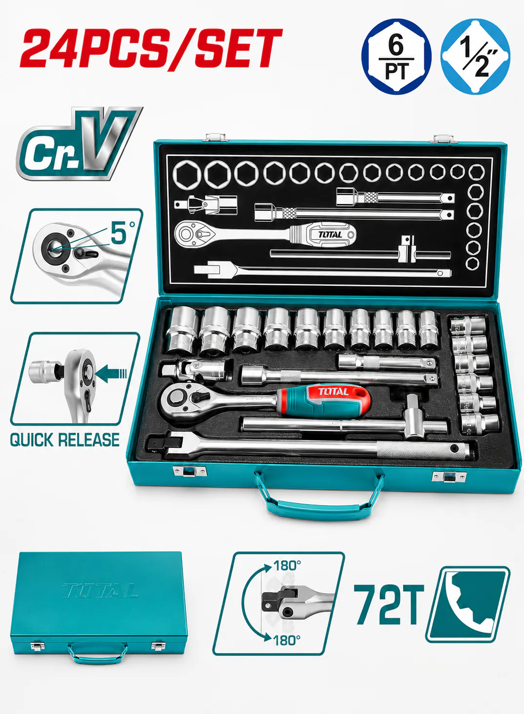 TOTAL 24-Piece 1/2" Socket Set with Quick Ratchet, Flexible Handle & Metal Box | CR-V