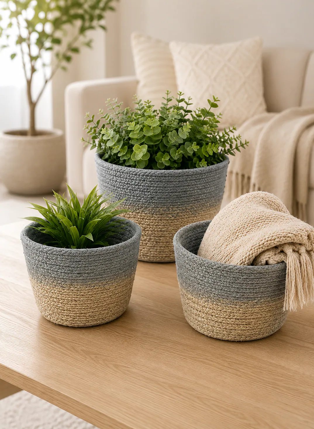 Bamboo Basket Set 3 Pieces – Grey & Natural Woven Storage Baskets