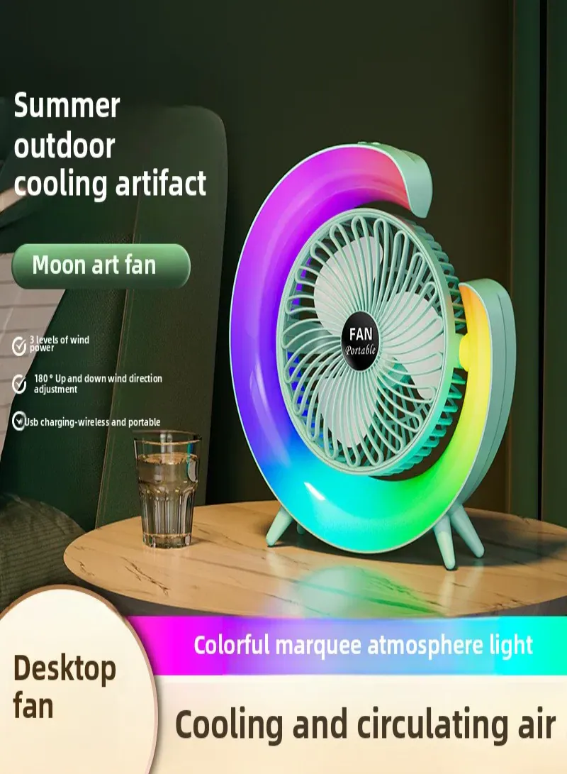 360° Rotatable Desk Fan with Table Lamp – 3-Speed Rechargeable Fan with Ambient Colorful Night Light, 1800mAh 2