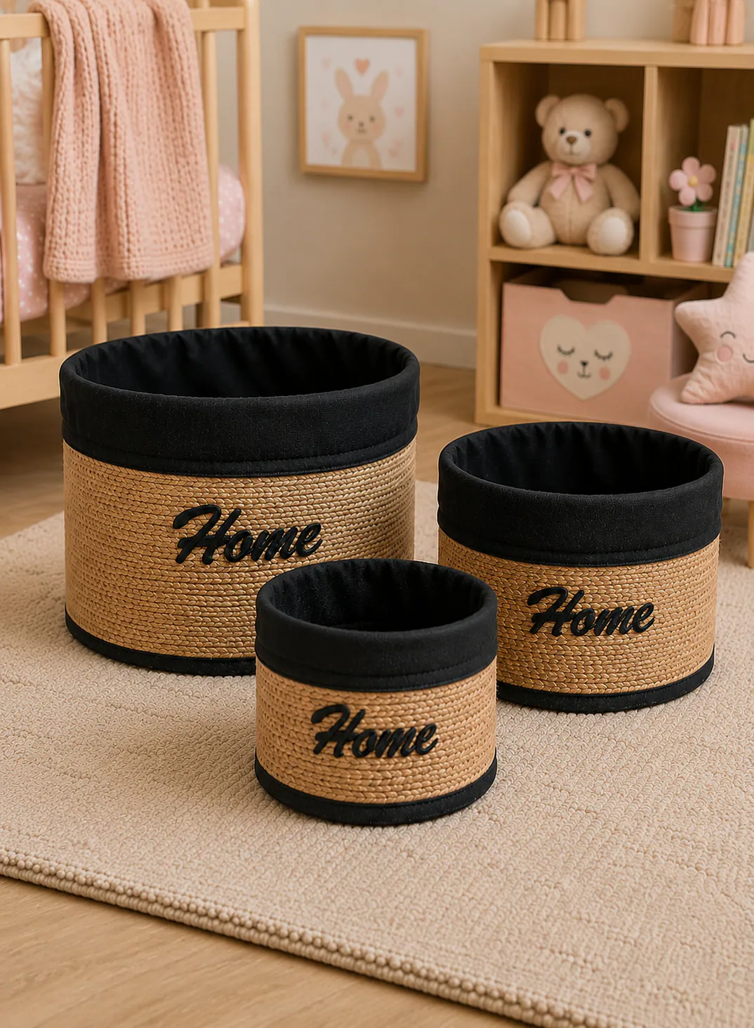 Bamboo Basket Set 3 Pieces – Round Natural Woven Storage Baskets with Black Fabric Lining