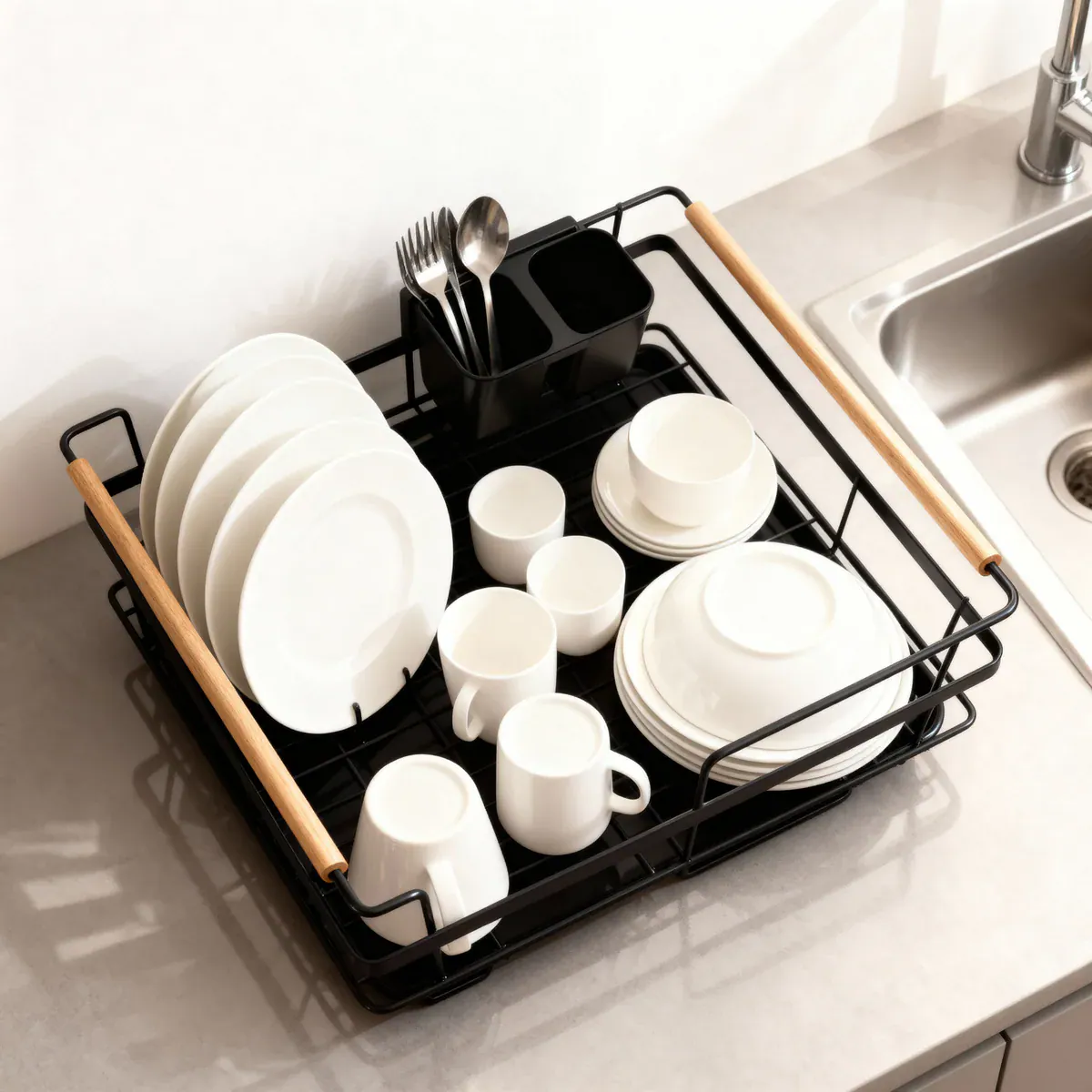Modern Countertop Dish Drying Rack with Wooden Handles 3