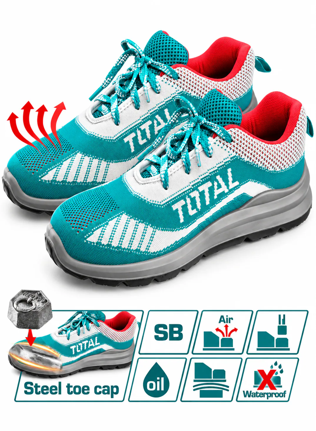 TOTAL Low-Cut Safety Work Shoes – Steel Toe Cap – SB Protection – Breathable Mesh Upper – Oil-Resistant Anti-Slip Sole – Lightweight Industrial Safety Sneakers – Turquoise & White