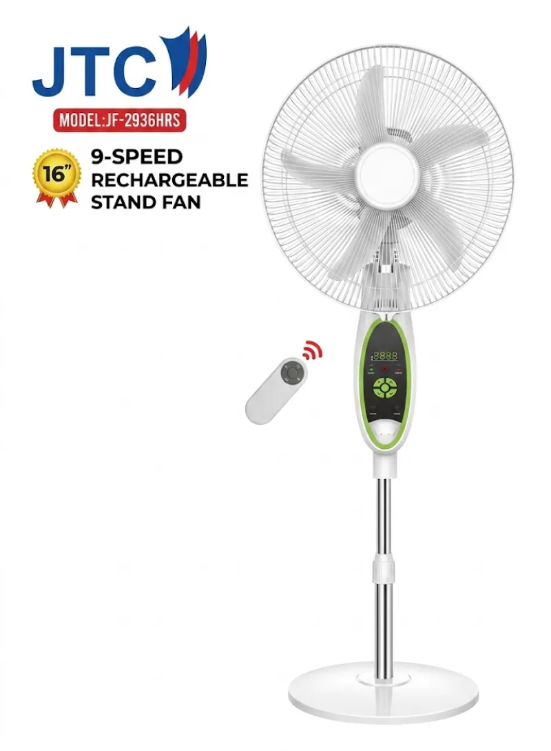 JTC JF-2936HRS Rechargeable Stand Fan – 16 Inch, 9 Speeds