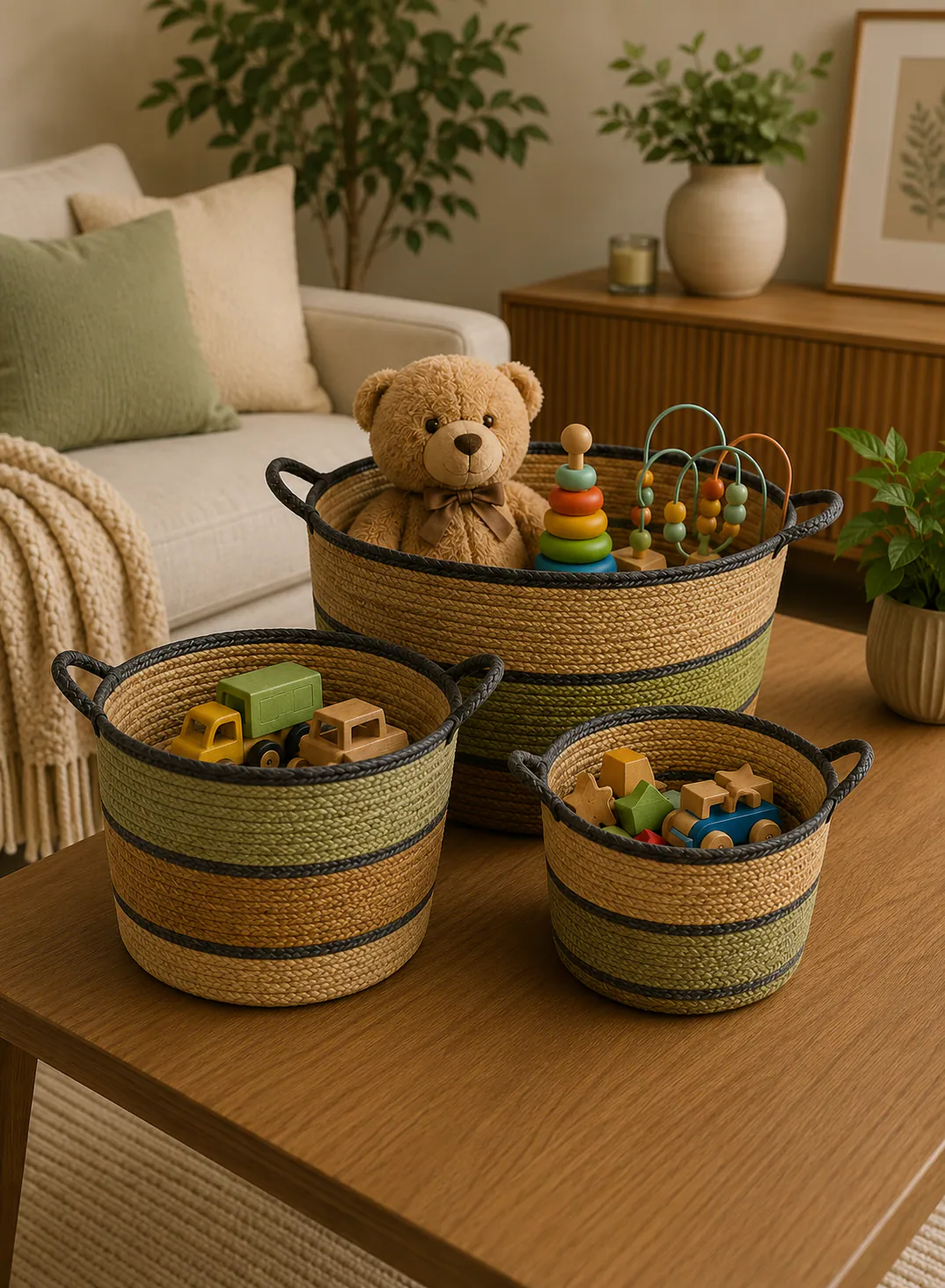 Bamboo Basket Set 3 Pieces – Natural & Green Woven Storage Baskets with Black Handles