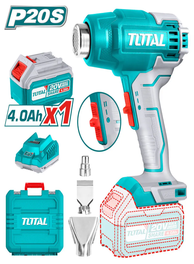 Total 20V Cordless Heat Gun Kit with 4Ah Battery, Charger & Case