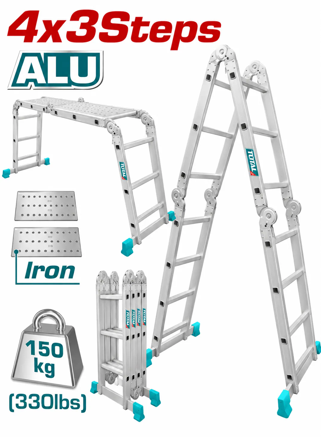 TOTAL 4×3-Step Multipurpose Aluminum Ladder – 12 Steps – 150kg (330lbs) Load Capacity – Heavy-Duty Folding Multi-Position Ladder with Iron Work Platforms