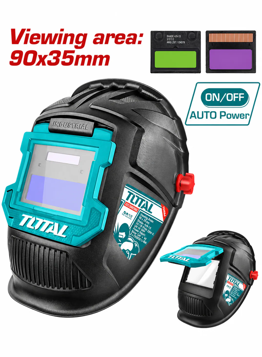 TOTAL Automatic Darkening Welding Helmet – Shade 11 – 90×35mm Viewing Area – Auto-Darkening Filter – Automatic Power ON/OFF – Flip-Up Welding Mask – Heavy-Duty Industrial Welding Protection
