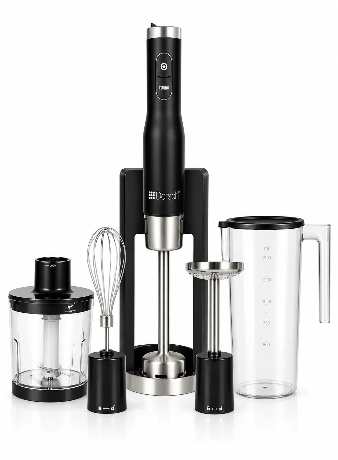 خلاط يدوي Dorsch HB600S بقوة 800 واط مع 6 سرعات وتيربو وفرامة وهراسة ومضرب وكوب 1 لتر