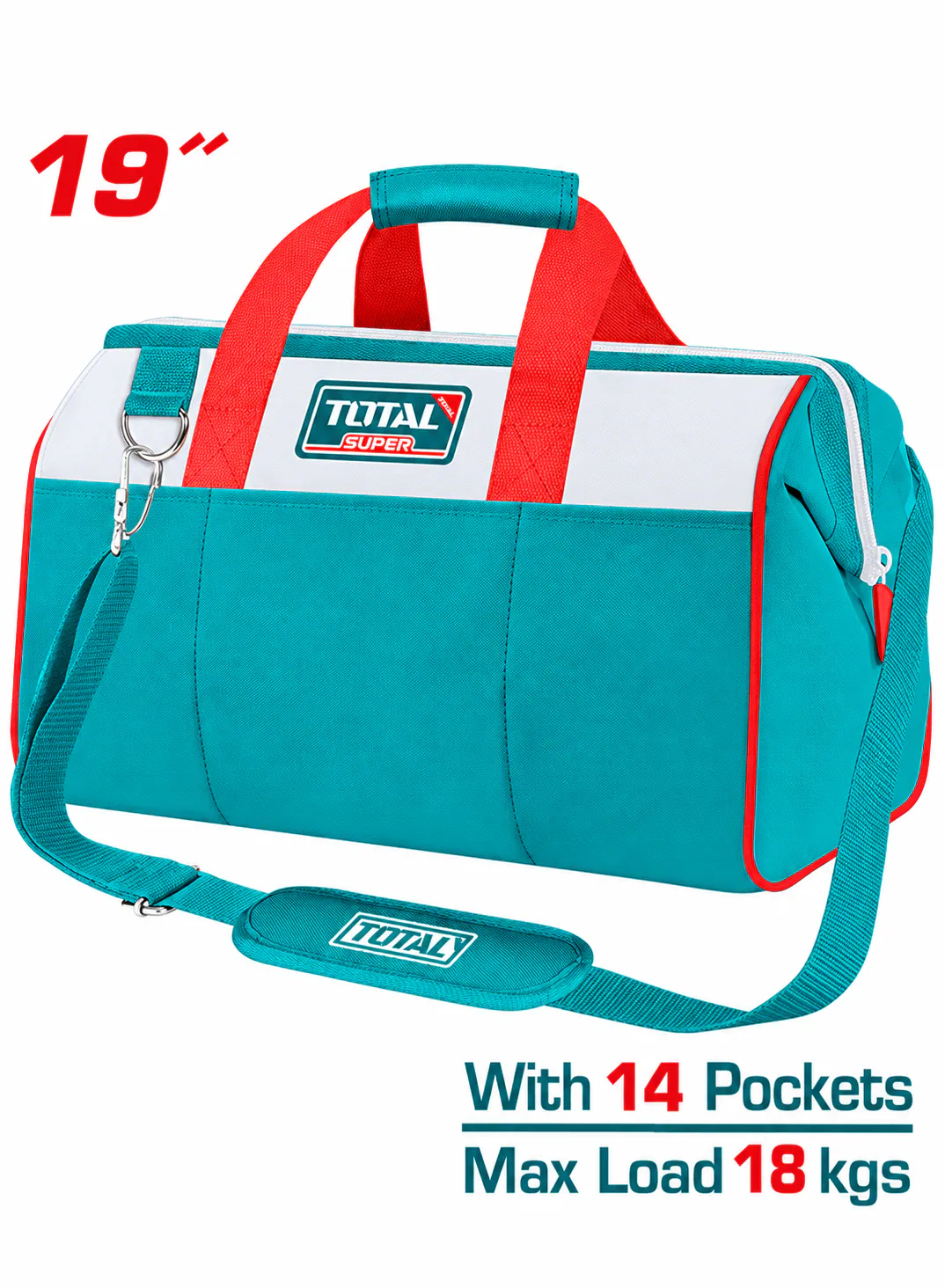 TOTAL 19" Heavy-Duty Fabric Tool Bag – 14 Pockets – 18kg Maximum Load Capacity – Adjustable Shoulder Strap – Industrial Tool Storage Bag