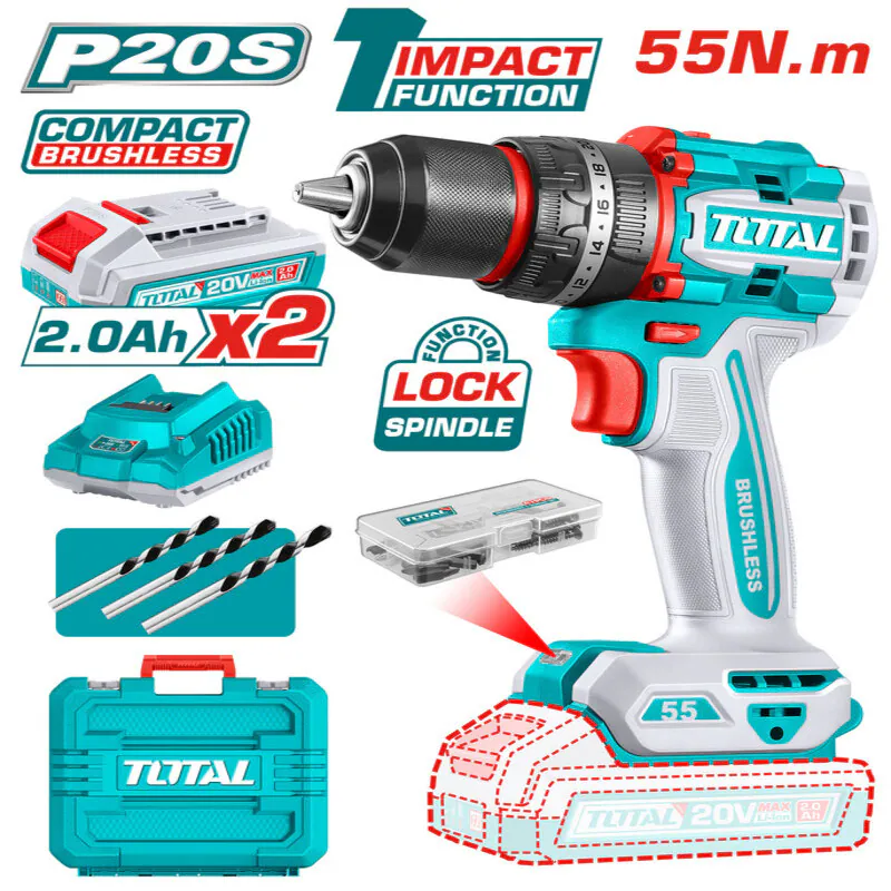 Total 20V Compact Brushless Cordless Drill 55Nm with 2×2.0Ah Batteries