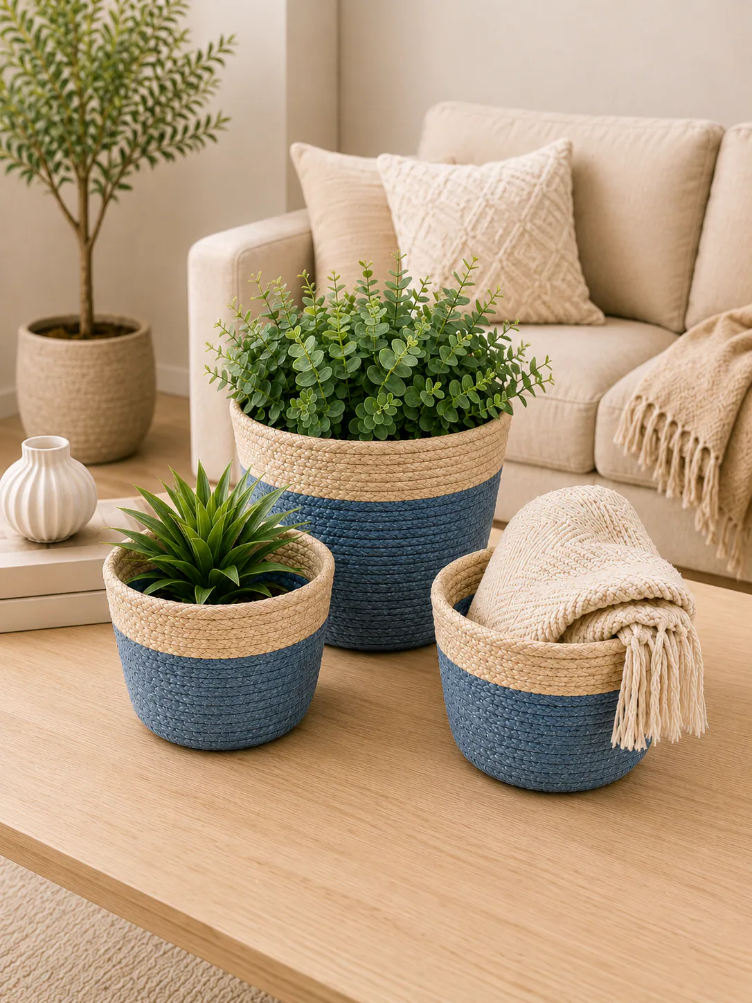 Bamboo Basket Set 3 Pieces – Blue & Natural Woven Storage Baskets