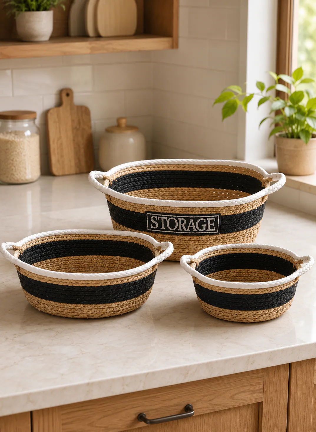 Seagrass Basket Set 3 Pieces – Natural & Black Woven Kitchen Storage Baskets with Handles