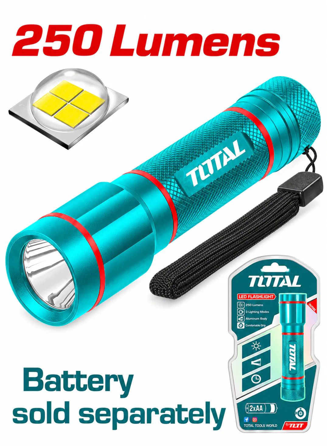 TOTAL 250 Lumens LED Flashlight – High-Brightness Portable Hand Torch – Durable Body – Ergonomic Anti-Slip Grip – Wrist Strap – Battery Sold Separately