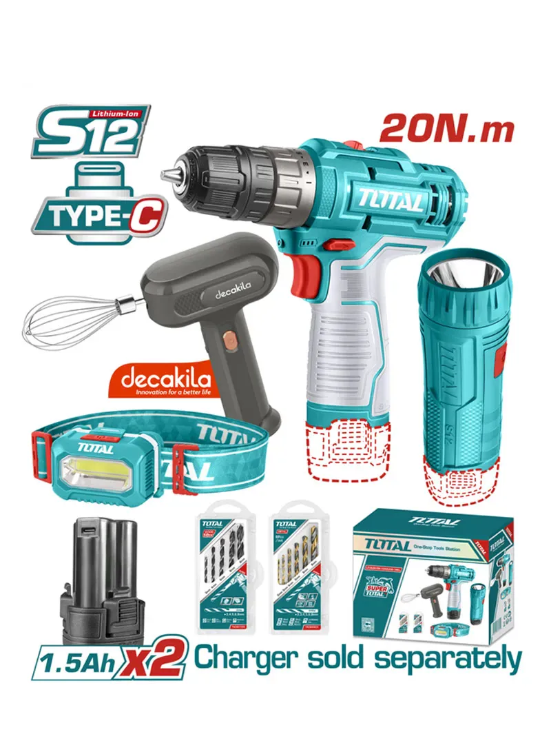 Total 20Nm 2-Speed Gear Cordless Drill Combo Kit with Hand Mixer, Flashlight, Headlamp, 2×1.5Ah Batteries & Drill Bit Set