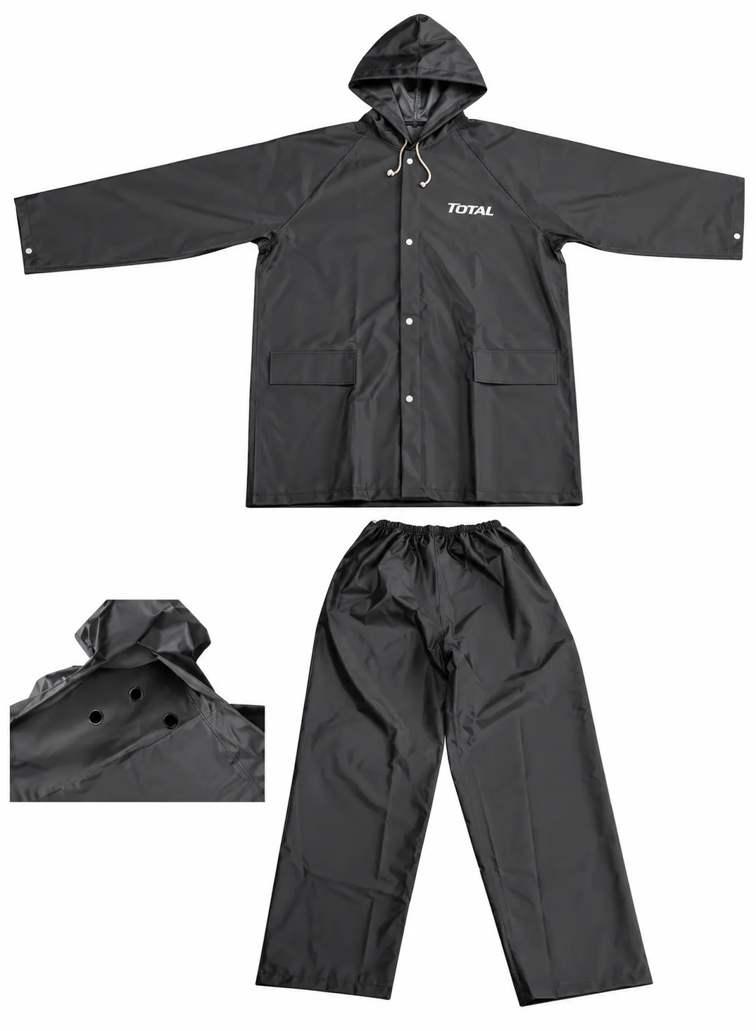 TOTAL Black Rain Suit – Size M (Medium) – 2-Piece Waterproof Raincoat & Pants Set – Hooded Rain Jacket – Protective Outdoor Rainwear