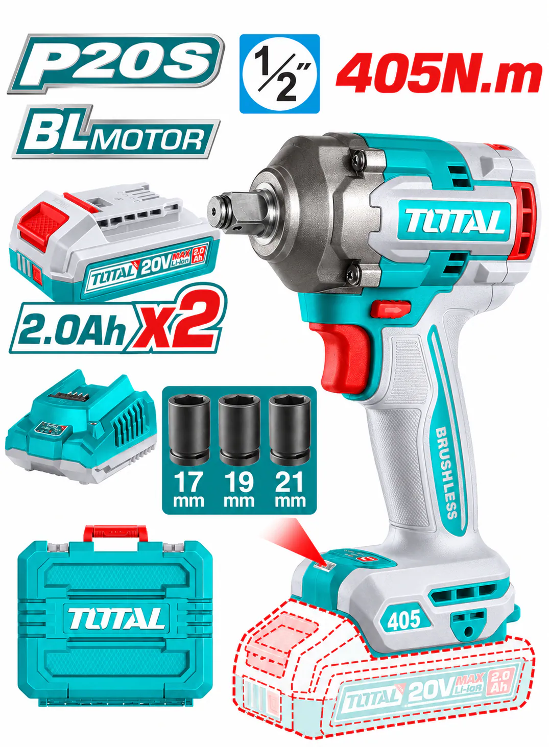 TOTAL 20V Industrial Brushless Cordless Impact Wrench – 405Nm, 1/2" with 2 Batteries