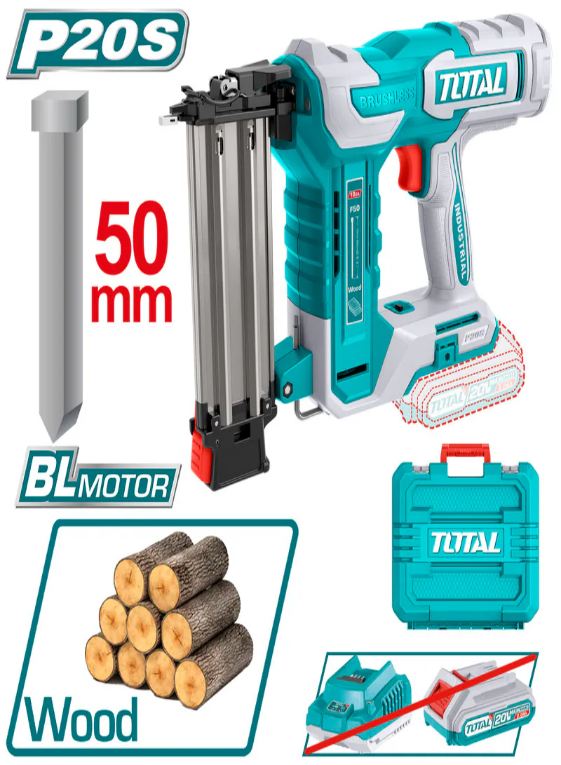 Total 20V Brushless Cordless Brad Nailer F15–F50 (Tool Only)