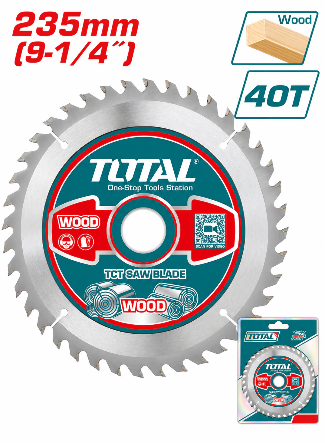 TOTAL 9-1/4" (235mm) TCT Wood Cutting Saw Blade – 40 Teeth (40T) – 30mm Bore – Tungsten Carbide Tipped Circular Saw Blade – Professional Woodworking Disc