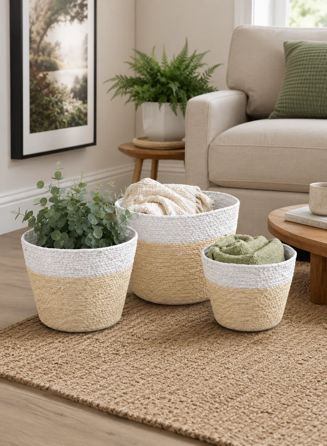 Bamboo Basket Set 3 Pieces – Natural & White Woven Storage Baskets