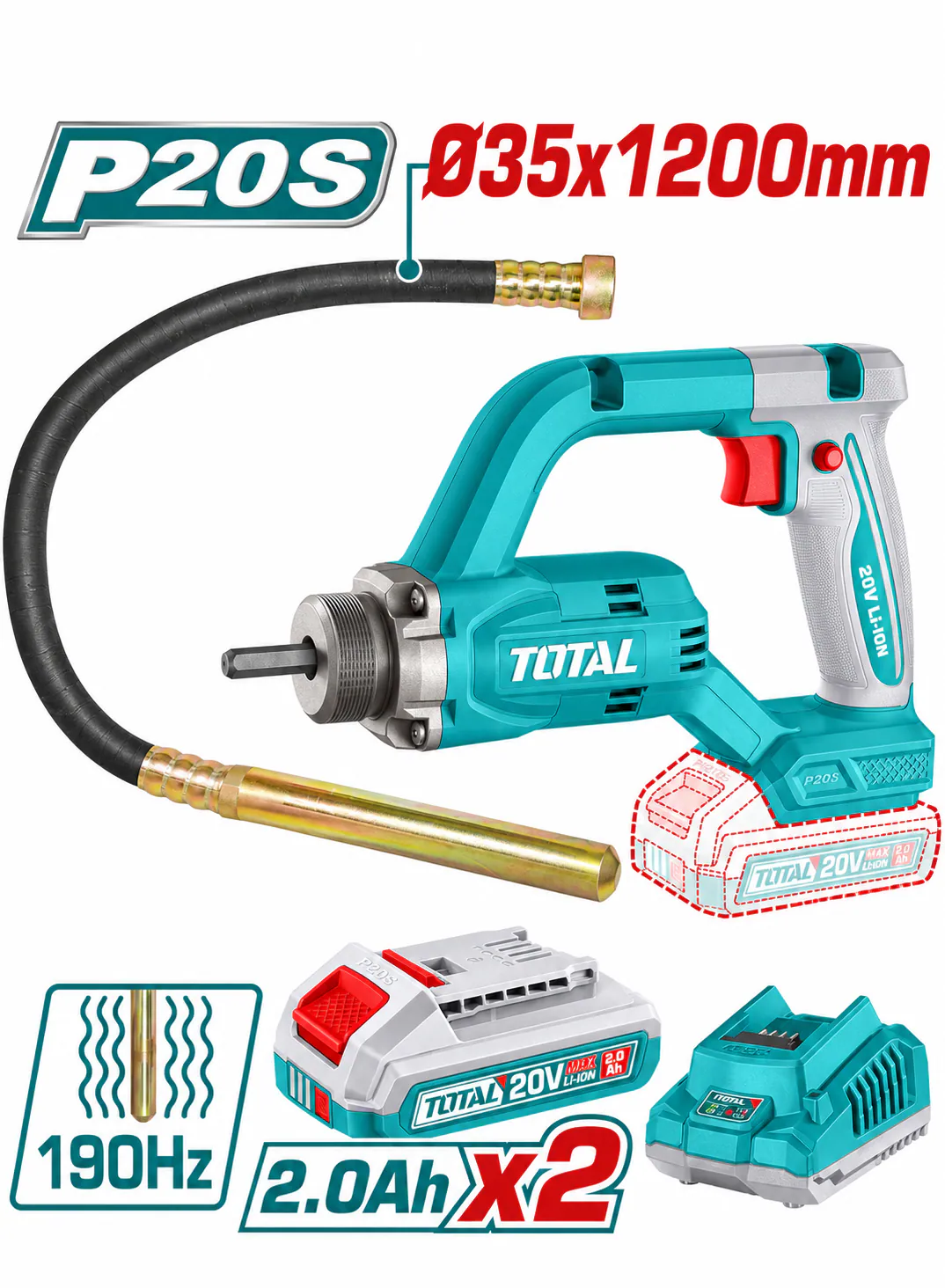 TOTAL 20V Cordless Concrete Vibrator – 35mm × 1200mm with 2 Batteries & Charger