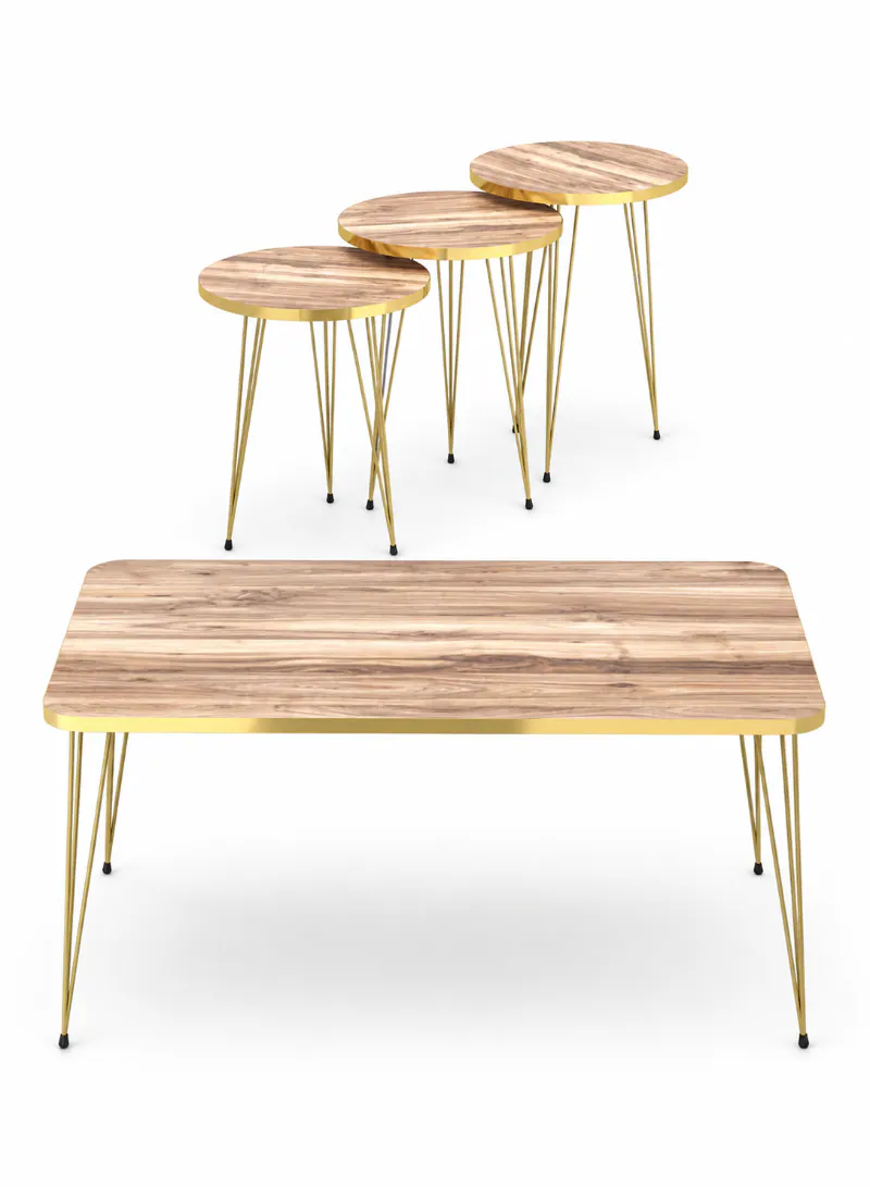 Wood Color Center Table with 3 Nesting Tables – 4-Piece Modern Table Set with Gold Metal Legs -2  2